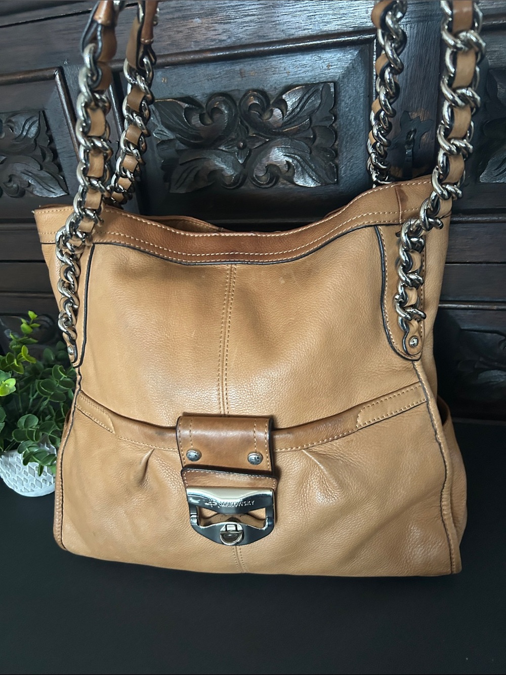 b. makowsky Tan Leather Chain-Accent Shoulder Bag